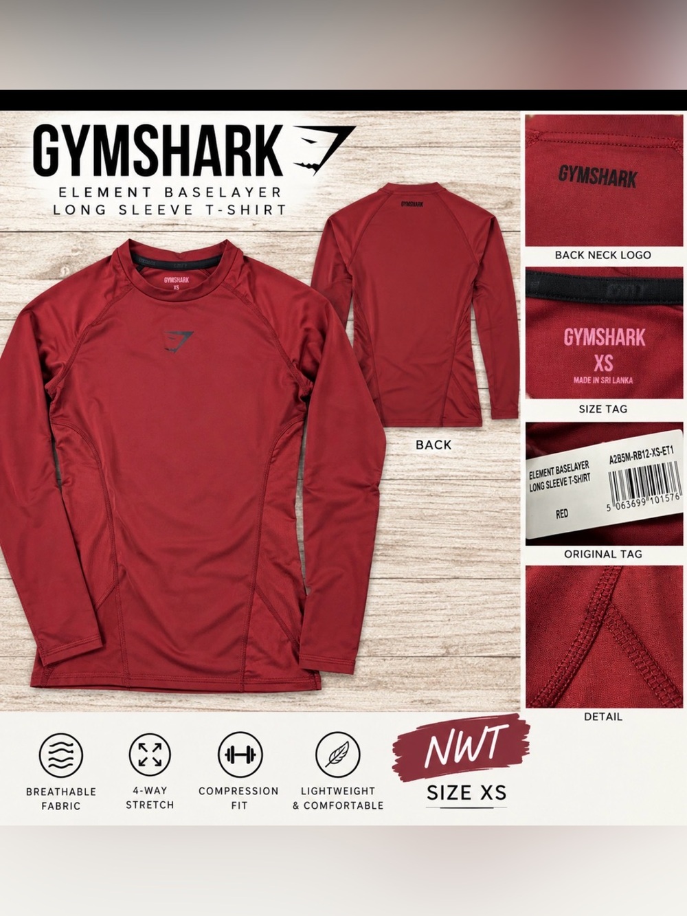 Gymshark Element Baselayer Long Sleeve Compression Shirt Red XS NWT